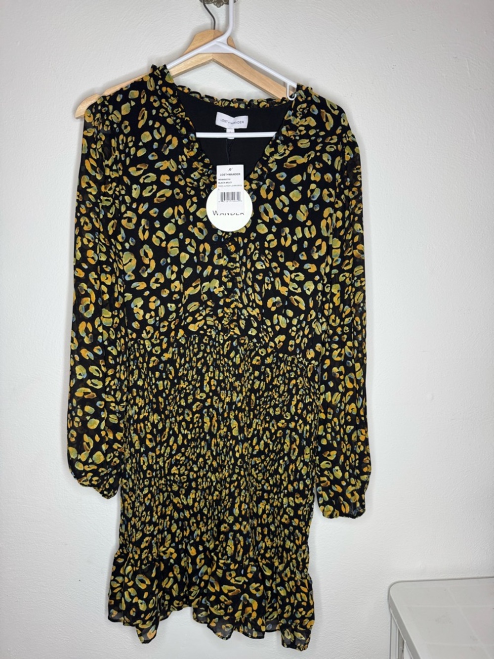 Lost + Wander Dance Mini Dress Black Multi Leopard Print Ruffle Size L NWT